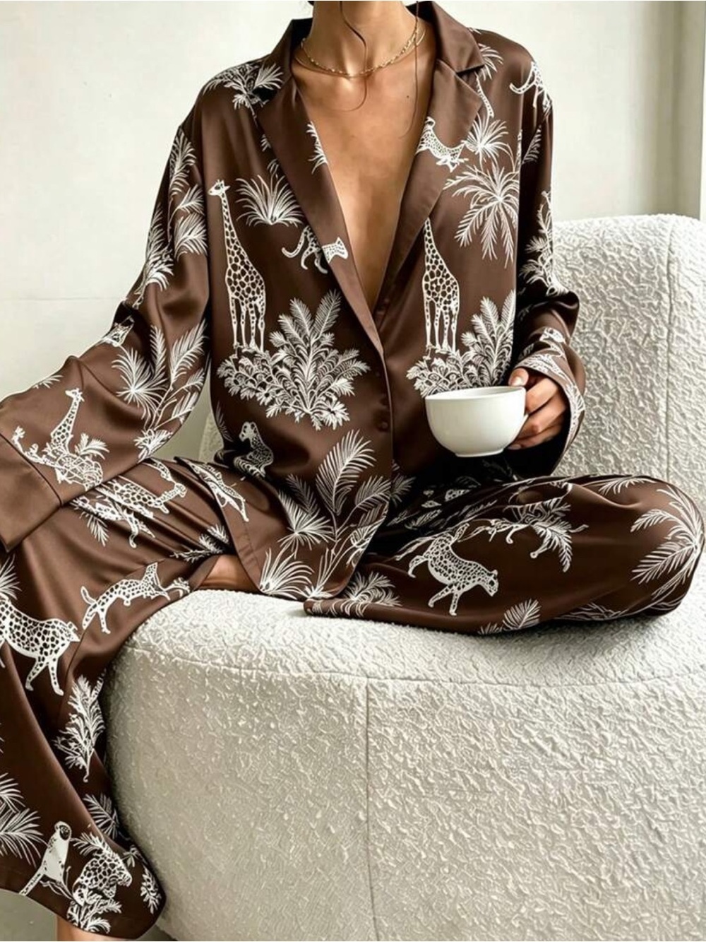2pcs Premium Jungle Animal Print Pajama Set, Long Sleeve Deep V-Neck Collar